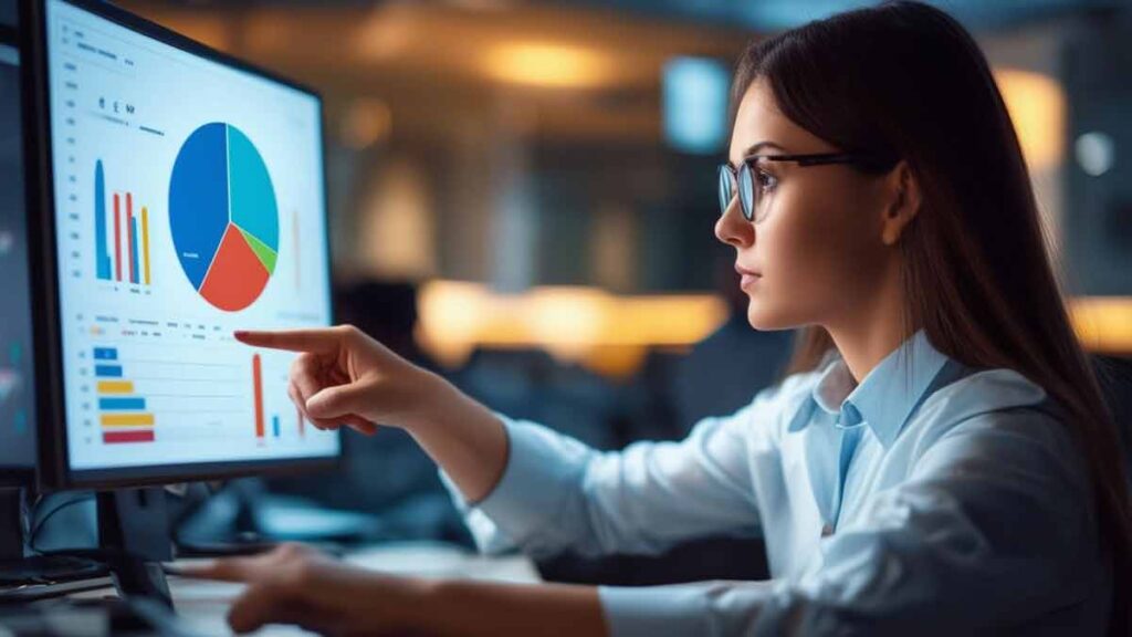 Cette exmployée utilise un logiciel de comptabilité pour établir les paies et gérer l'entreprise dans laquelle elle travaille